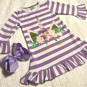 NEW Unicorn Lashes Party Ruffle Dress Purple Stripes Size XS 2T Girl Toddler Bow